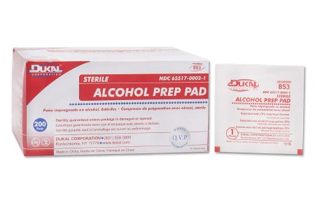 Preps Alcohol Prep Pad Dukal® 70% Strength Isopropyl Alcohol Individual Packet Medium Sterile 2-Ply (200/BX 20BX/CS) by Dukal Corporation  ID 853